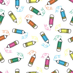 Vector seamless pattern with colored pencil on white background. Hand drawn doodle illustration