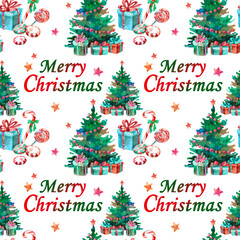 Seamless pattern Christmas and New Year. Decorated Christmas tree with sweets gifts and an inscription. Traditional design of wallpapers, packaging, postcards, backgrounds.