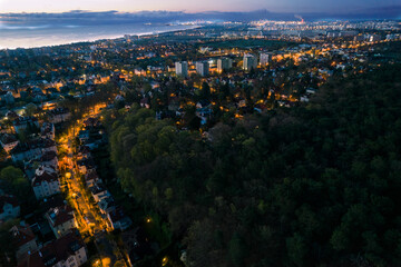 Areal view of Sopot before sunrise and Gdańsk