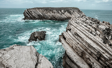 Beautiful coastline with rocks in Peniche. Atlantic ocean coast in Portugal. High quality photo