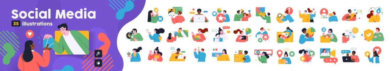 Social Media Marketing illustrations. Mega set. Collection of scenes with men and women taking part in business activities. Trendy vector style
