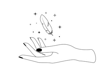 Mystic celestial feather with constellation stars over woman hand outline silhouette. Vector illustration of Witch and Magic symbol