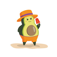Avocados on the beach. Avocado character with ice cream hat standing on the beach.