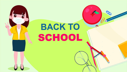Back to school or school time banner template. Young children characters with books. Composition with notebook