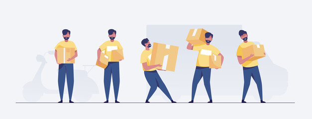 Set of courier man holding packaged parcels. vector illustration