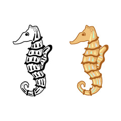 Vector seahorse icon. Illustration of marine life in two versions - color and black outline. Isolated cartoon design for logo, banner, poster.