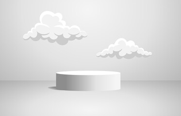 Podium or 3D round pillar stand scene and winner pedestal in studio on gray or white clouds background.vector illustration.