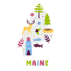USA map collection. State symbols and nature on gray state silhouette - Maine. Cartoon simple style for print