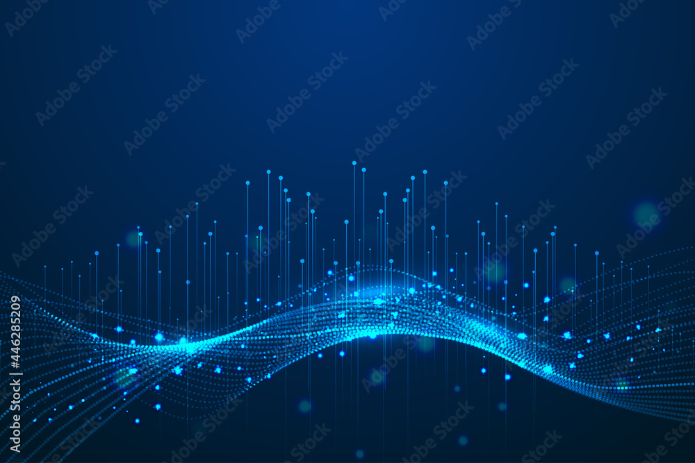 Poster dots and lines penetrate upward through particle trajectory network technology and speed sense backg