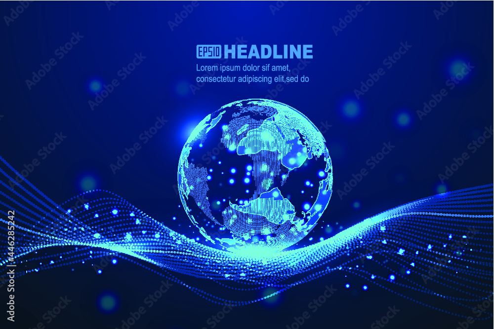 Poster the trajectory of the particle line moves through the concept of the globalization of the technologi