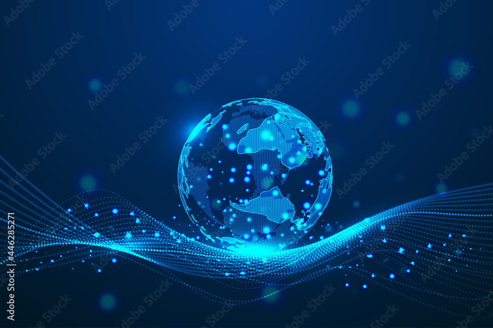 Poster the trajectory of the particle line moves through the concept of the globalization of the technologi