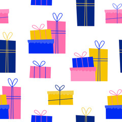 Vector seamless pattern with gifts in flat style. Boxes tied with a ribbon. Colorful festive illustration for textile, packaging, wrapping paper