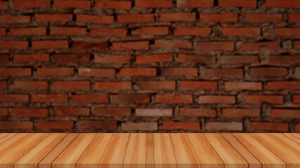 wood table with blurred brick wall background for product display