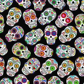 Day of the dead sugar skull pattern. Dia de los muertos print..Day of the dead and  mexican Halloween. Mexican tradition  festival.  Dia de los Muertos tattoo skulls on black background.