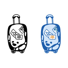 Travel suitcase icon with stickers in two versions - black and white outline, blue. Hand-drawn vector illustration. Design for logo, banner, poster.