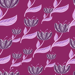 Fototapeta na wymiar Random floral seamless pattern with doodle poppy flower ornament. Bright purple background. Natural print.
