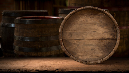 Old wooden barel from beer vine whiskey brandy or cognac.