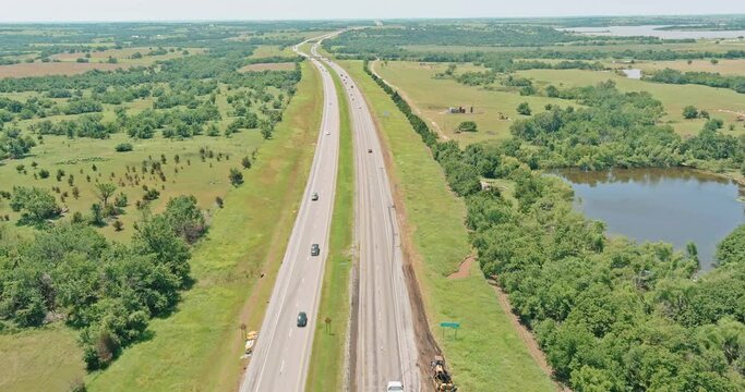 Panorama top view of original Route 66 roadbed near Clinton Oklahoma the historic its Route 66 designation in 1926.