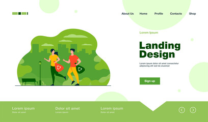 Happy couple running and carrying trash bags with recycling signs. Young people picking up litter while jogging. For plogging, eco friendly society, green sport activity concept