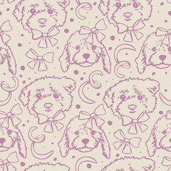 Vector seamless pattern with outlines of dogs heads with bow knots. Cute design with dog faces.