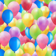 Colorful air balloons are flying in the air. Congratulations on the holiday. Birthday celebrations. Fun event for a child. Red, blue, yellow, pink and purple balloons with helium. Seamless background