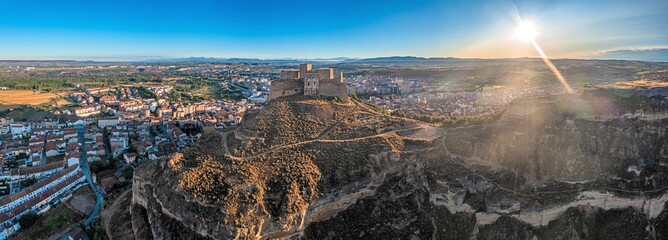 Drone image of the castle in the northern Spanish town of Monzon - obrazy, fototapety, plakaty