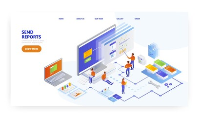Send reports, landing page design, website banner vector template. Data transfer.