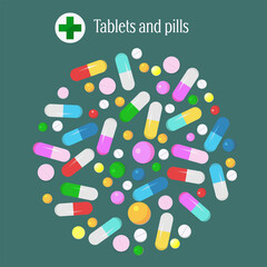 A set of pills and tablets of different shapes and sizes