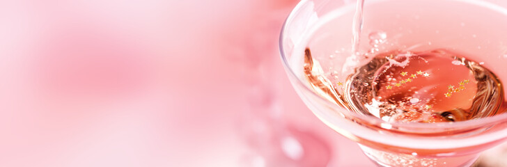 Closeup of glass with sparkling rose wine on pink background