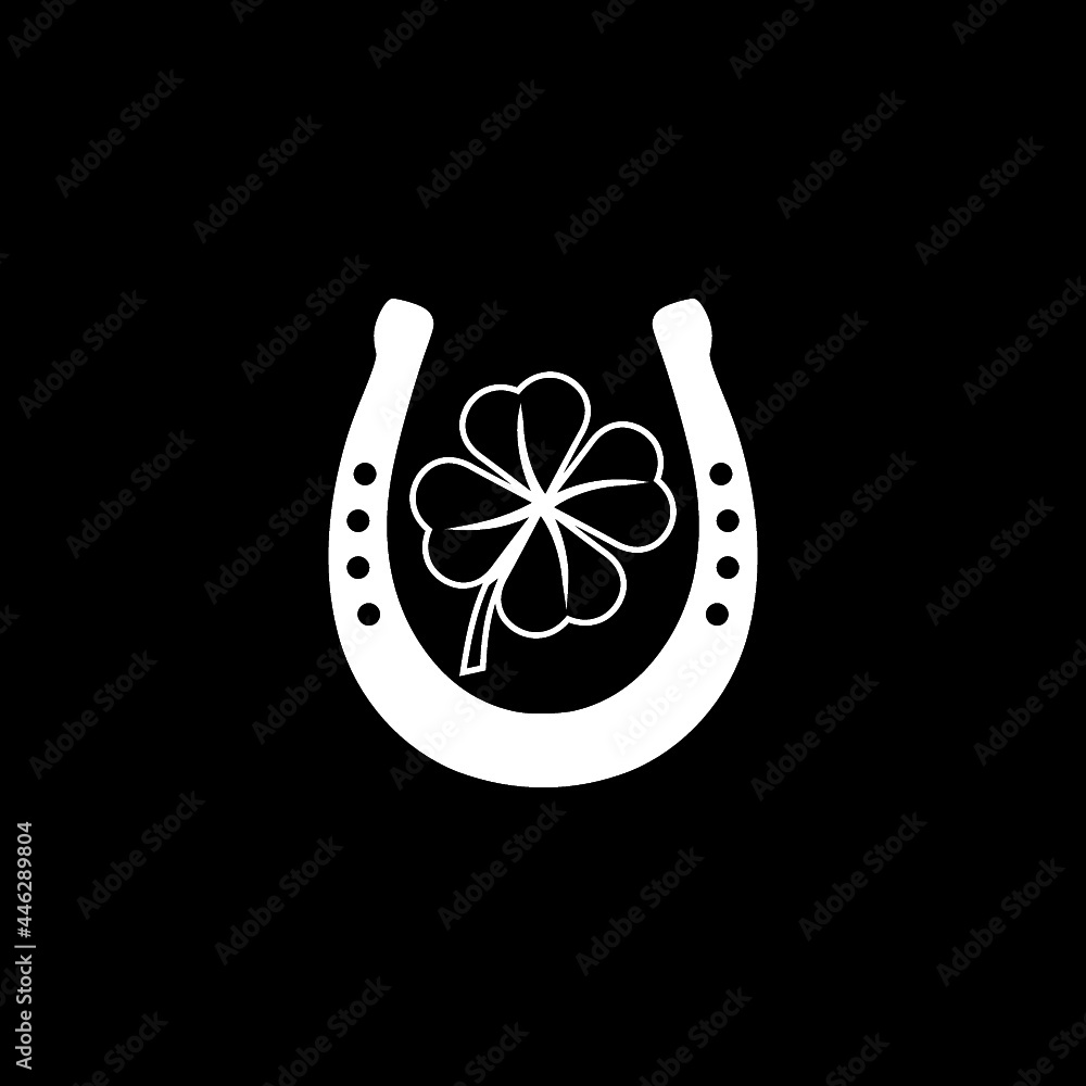 Poster horseshoe with four leaf clover icon isolated on dark background