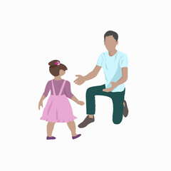 dad with daughter. Little daughter taking the first steps to her father. Happy father's day. Dad and daughter. Father's day. Vector