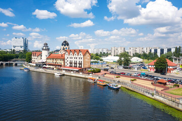 Fototapeta na wymiar The Fishing Village in center of Kaliningrad. Russian destination Aerial view