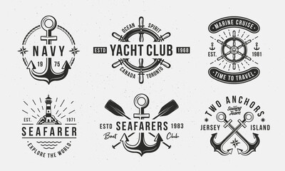 Nautical vintage logo set. Nautical emblems for t-shirt, banner, poster design. Anchor, Sea Wheel, Lighthouse icons. Trendy Hipster design. Marine labels templates. Vector illustration