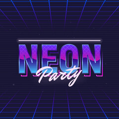 Neon Party logo template. 80's logo design with Neon light and retro chromium effect. Trendy retro 1980s logo design. Vector Print for T-shirt, typography.