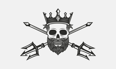 Poseidon, Neptune logo isolated on white background. Poseidon emblem with skull, crown and crossed tridents. Vintage print for t-shirt, typography. Vector illustration - obrazy, fototapety, plakaty