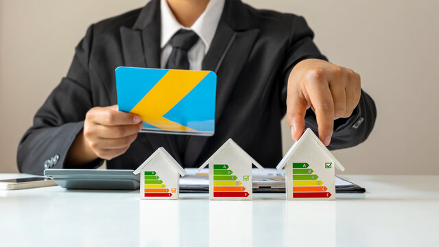 Businessman chooses a house model with energy-saving chart, energy-saving concept. Energy efficiency assessment in a residential home