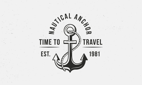 Nautical Anchor logo, poster. Marine logo design. Print for t-shirt, typography. Vintage hipster marine logo with anchor and rope. Vector illustration