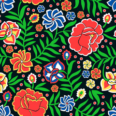 Seamless pattern with floral ornament in the style of Mexican otomi embroidery. - 446290806