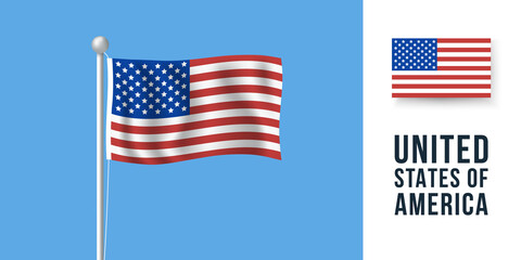 USA realistic flag isolated on blue background. 3D American flag graphic for banner, label, badge design. US waving flag template for memorial day, 4th of July, Thanksgiving. Vector illustration