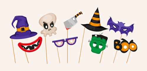 Halloween party photo booth props set with witch hat, skull, zombie, glass, smile and knife with blood for festival and party. Vector illustration - obrazy, fototapety, plakaty