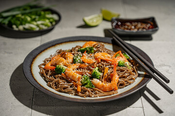 Buckwheat noodles with shrimps, carrots, broccoli, green onions and soy sauce. Vegan soba noodles. Asian food on grey textured table. Seafood healthy diet concept, copy space. 