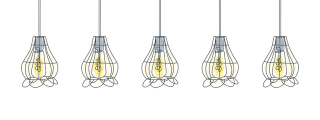 Fototapeta na wymiar Loft lamps line art design. One line drawing of electric light bulbs and lamp. Vector illustration