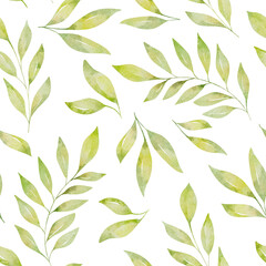 Aquarel naadloze bloemmotief met groene bladeren en takken geïsoleerd op een witte achtergrond.