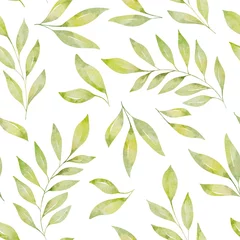 Papier peint Blanc Motif floral aquarelle sans couture avec feuilles vertes et branches isolées sur fond blanc.