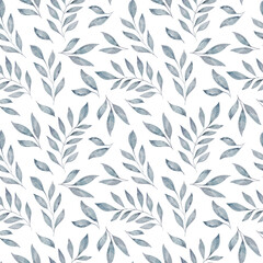 Watercolor floral seamless pattern with blue leaves and branches isolated on white background.
