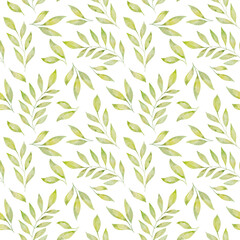 Watercolor floral seamless pattern with green leaves and branches isolated on white background.