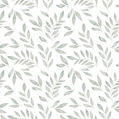 Naklejka na ściany i meble Watercolor floral seamless pattern with gray leaves and branches isolated on white background.