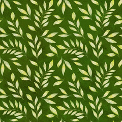 Watercolor floral seamless pattern with green leaves and branches on dark green background.