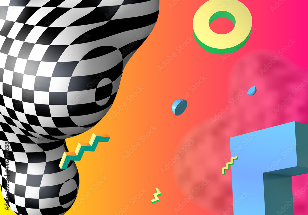 Poster Abstract background with flying colorful 3D geometric shapes over vibrant gradient backdrop. Lush and bold colored abstraction with checkered shape in 90s style.