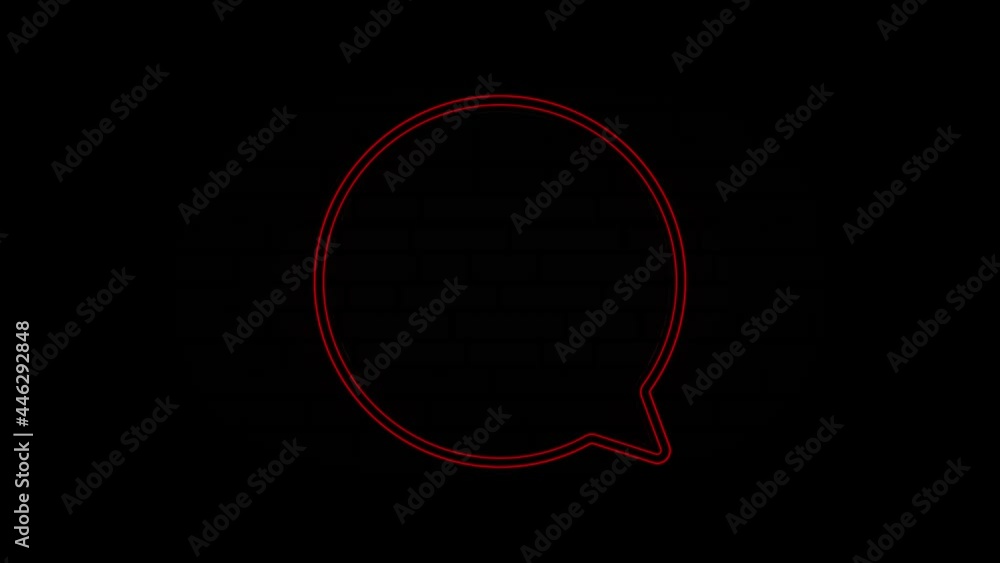 Poster glowing red neon line speech bubble chat icon isolated on black background. message icon. communicat